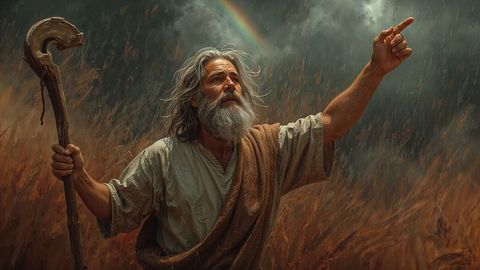 Bearded moses shaman guiding with staff remain