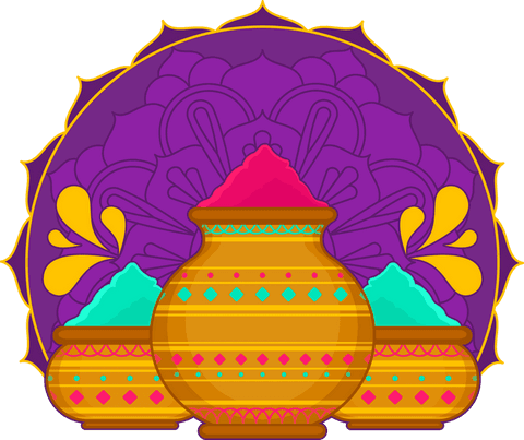 Colorful clay pots with powders and intricate mandala transparent background