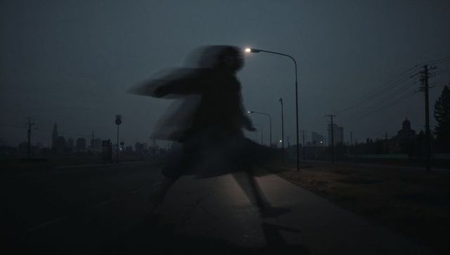 Blurry Figure Running at Dusk on Urban Street