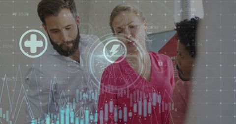 Diverse Professionals Collaborating with Cybersecurity Interface Overlay