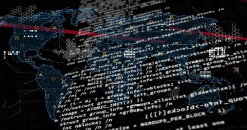 Displaying global cyber map overlaying scrolling code, network hex grid and threat markers