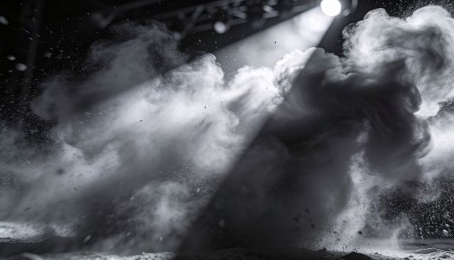 Swirling White Powder Cloud Sweeping Across Dark Stage with Dramatic Spotlight Beams