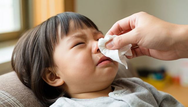Caregiver wiping nose of distressed asian toddler reclining on couch with tissue