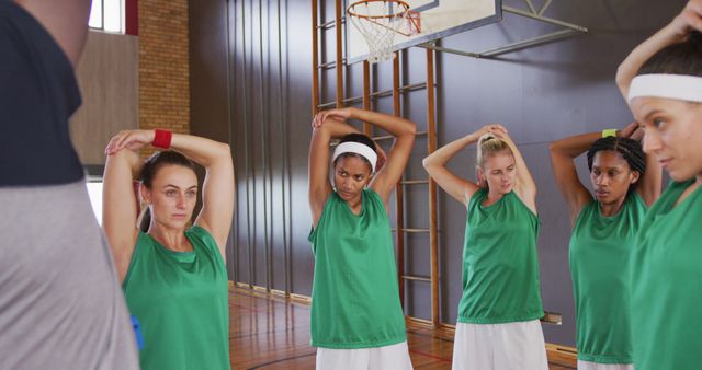 Female basketball team performing warm-up stretches in gymnasium. The scene captures young athletes wearing green jerseys meticulously preparing for practice or a game. Useful for themes on sports, teamwork, fitness routines, and athletic preparation. Ideal for articles, sports event promotions, health and fitness materials, and educational content related to team sports and athlete preparation.