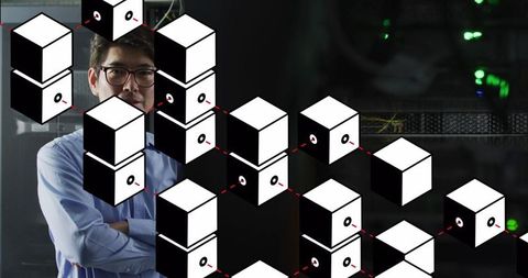 Confident professional in server room with network blockchain overlay