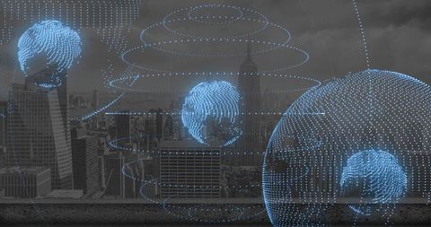 Digital Glowing Globes Over Cityscape Adventure Technology Innovation