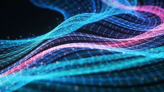 Undulating neon mesh ribbons weaving through virtual space with glowing node points