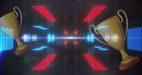 Glowing Trophies Flying Through Futuristic Neon Tunnel