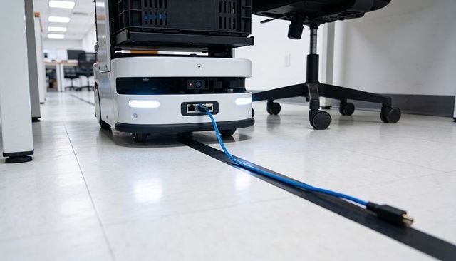 Autonomous mobile robot navigating tape line while ethernet cable plugging into port