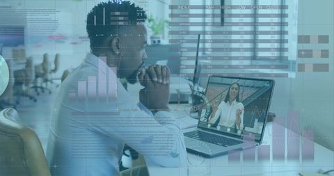 Diverse team discussing reports over video call with data overlay