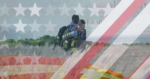 Diverse Couple Embracing Nature and Patriotism on Mountain Hike