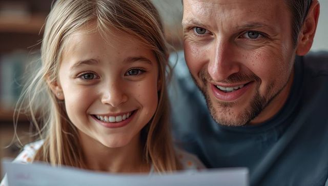 Smiling father and daughter reading letter together showing close family bond and joy
