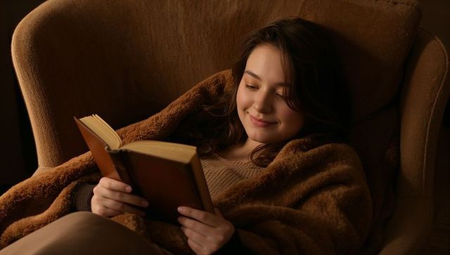 Young Woman Reading in Cozy Armchair Wrapped in Brown Fleece Blanket, Warm Ambient Light