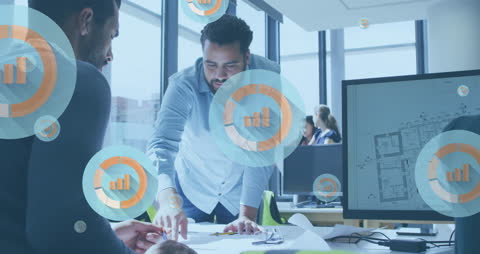 Architects Collaborating Over Blueprint with Graphic Overlays