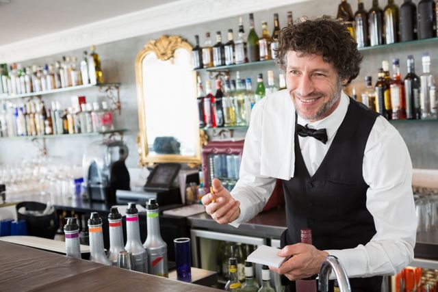 Waiter in a black vest and bow tie taking an order at an upscale restaurant bar. Ideal for use in hospitality industry promotions, restaurant advertisements, customer service training materials, and lifestyle blogs focusing on dining experiences.