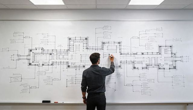 Architect sketching expansive architectural floor plan on whiteboard, design presentation