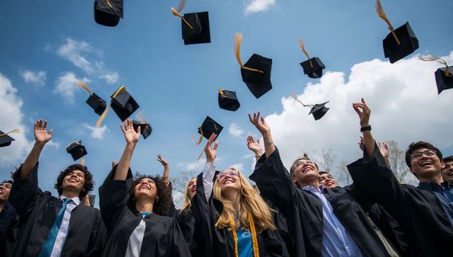 Joyful graduates tossing mortarboards into blue sky during campus commencement celebration