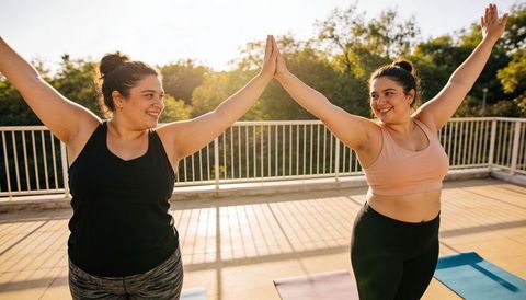 High-fiving women on sunlit rooftop yoga mats, celebrating strength, balance, joy