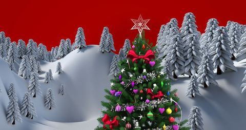 Festive Christmas Tree in Winter Wonderland on Bold Red Background