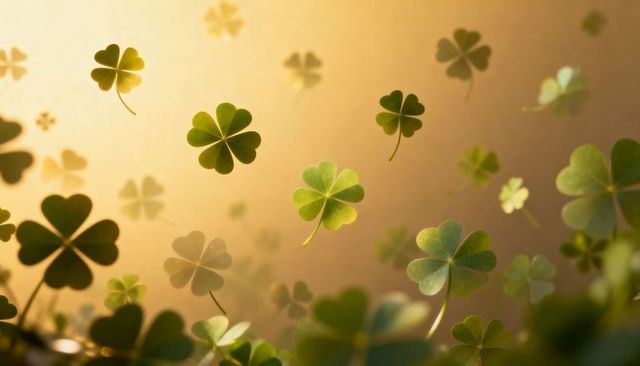 Floating shamrocks glowing in golden backlight closeup with soft bokeh