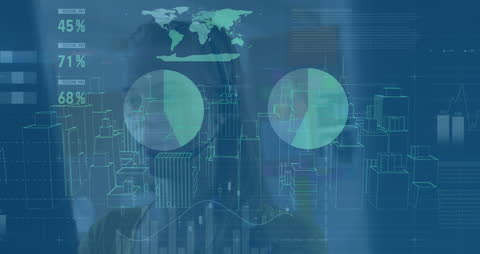 Futuristic Cityscape with Businesswoman Analyzing Data Projections