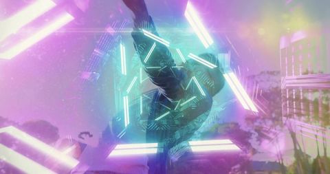 Leaping Dancer Breaking Neon Polygon Grid with Floating LED Bars, Cyberpunk Motion