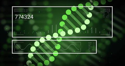 Neon DNA helix HUD displaying genomics data panels and waveform tech visualization