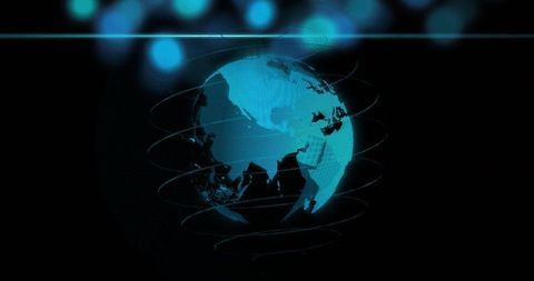 Rotating cyan halftone globe with concentric rings and holographic bokeh on dark ui