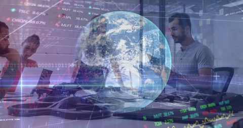 Diverse team analyzing global financial data with earth hologram