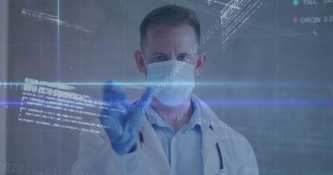 Doctor Interacting with Futuristic Data Interface in Laboratory Setting
