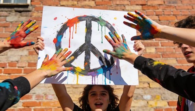 Teens holding painted peace sign poster with colorful hands and vibrant paint splatter