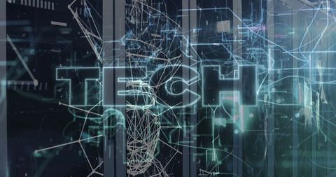 Futuristic digital network with neon wiring and tech text