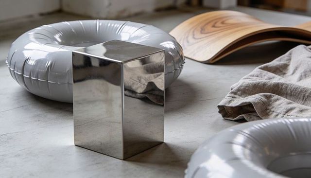 Mirrored metal cube reflecting soft daylight among silver inflatable rings and linen