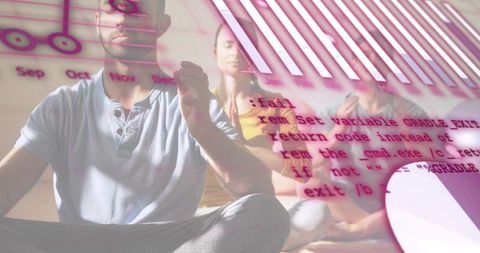 Meditating team with data visualization overlay — mindfulness and tech balance concept