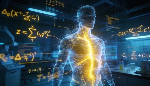 Holographic human model highlighting glowing spine and neural network in futuristic lab