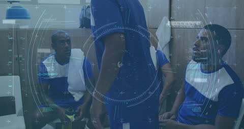 Digital Interface Analyzing Diverse Sports Team in Locker Room