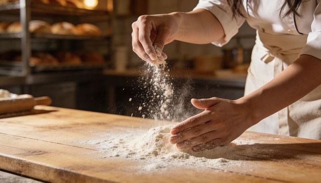 Baker sprinkling flour while preparing dough on wooden workbench in artisan bakery