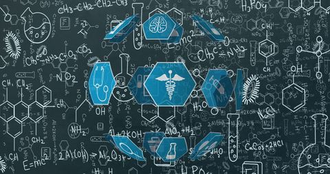Medical Network Icons Interconnecting Over Chalkboard Chemistry Equations