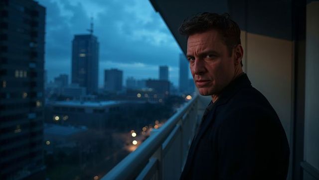 Brooding man on high-rise balcony at dusk overlooking moody urban skyline and city lights