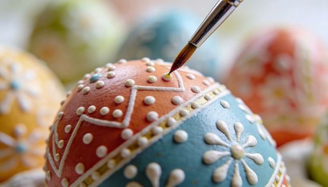 Painting decorated easter egg with piped icing detail and delicate brush dotting