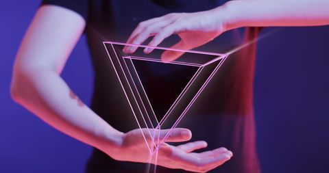 Futuristic digital interface with floating triangle