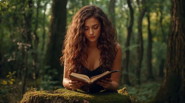 Young woman reading book on mossy log in sunlit forest, serene contemplative solitude