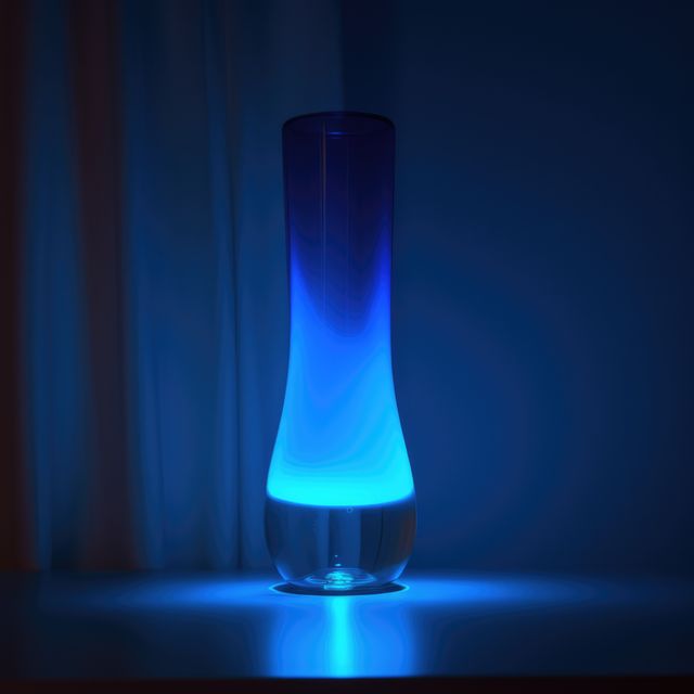 Blue lava lamp on table in dark room at night, created using generative ai technology. Retro, psychedelic, relaxation and interior decoration lamp concept digitally generated image.