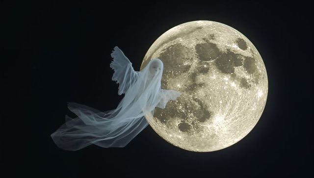 Ethereal ghost silhouette in front of luminous full moon