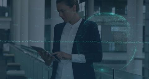 Businesswoman Analyzing Financial Data on Tablet with Futuristic Interface - Download Free Stock Images Pikwizard.com