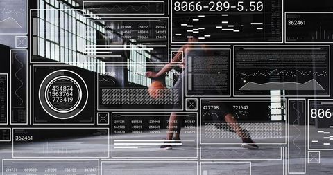 Female Athlete Running with Basketball in Warehouse with Futuristic HUD and Tech Analytics