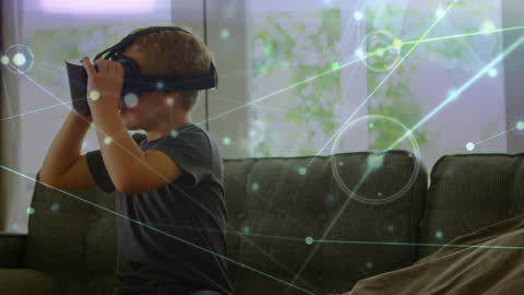 Young Boy Immersed in Virtual Reality with Digital Connections Overlay