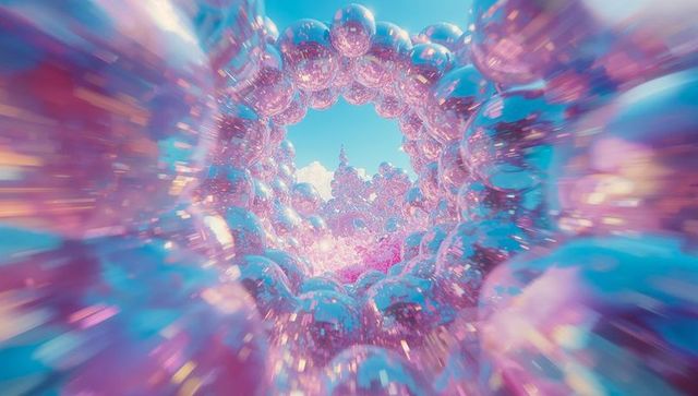 Vibrant Iridescent Sphere Tunnel in Dreamy Sky