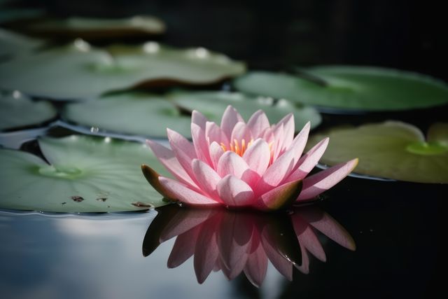 Pink and yellow lotus flower and leaves on dark water, created using generative ai technology. Nature, tranquility, rebirth and spirituality concept digitally generated image.
