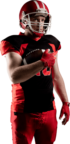 Transparent american football player in helmet holding ball
